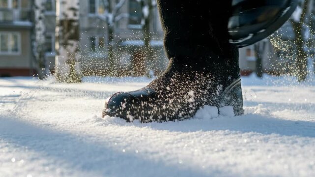 Black shiny boots walking on fresh white snow in sunny winter park