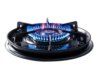 Gas stove burner with blue flame under cast iron pan realistic kitchen detail