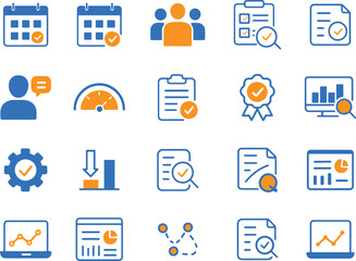 Performance metrics data visualization and audit icon set featuring scheduling teamwork communication reports and quality control symbols