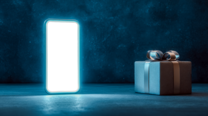 Smartphone with glowing blank screen isolated as PNG, placed beside a gift box on a dark blue background. Perfect for holiday sales, online shopping promotions, and digital mockups.