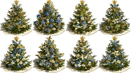 Assortment of eight small decorated Christmas trees, each with varied colors and designs