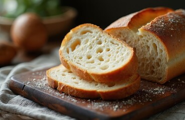 Sliced loaf lies on wooden board. Two bread pieces stack on cloth. Fresh baked bread covered flour crumbles lies on rustic cutting board for tasty lunch. Food concept for bakery studio.