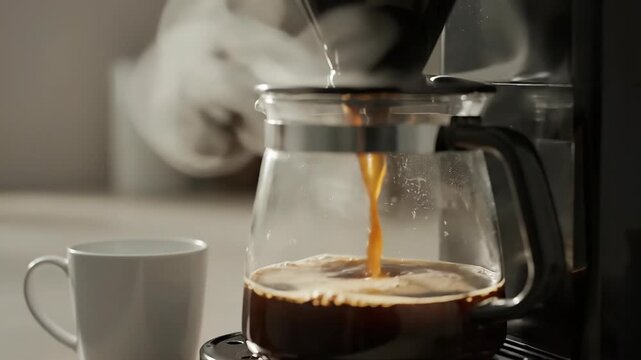 Drip coffee maker brewing fresh hot coffee in a modern kitchen. Close-up of the machine dripping into a glass carafe. Morning routine and breakfast concept