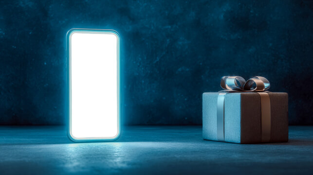 Smartphone with glowing blank screen isolated as PNG, placed beside a gift box on a dark blue background. Perfect for holiday sales, online shopping promotions, and digital mockups. - Powered by Adobe