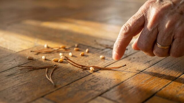 Wrinkled hand touching pine nuts on wooden floor in warm sunlight