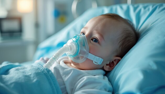Newborn infant receives respiratory support wearing oxygen mask in hospital bed. Tiny baby needs medical assistance for breathing. Gentle care in pediatric unit.