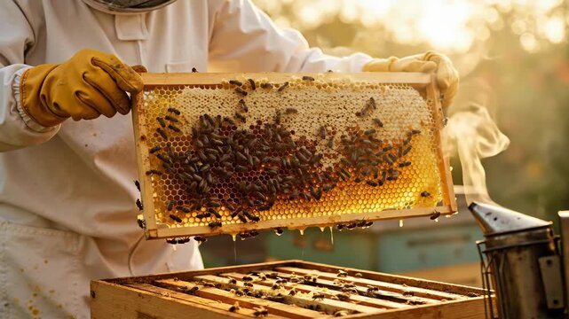 Beekeeper holding a honeycomb frame covered with bees. Fresh golden honey dripping during the harvest at an apiary. Natural food production and apiculture concept