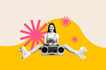 Trendy poster banner 3d collage photo of happy girl hold boombox wear roller-skates music entertainment occasion relax weekend