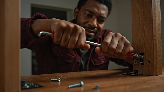 A focused man assembles wooden furniture with an Allen key. Close-up of a DIY home improvement project. Building and self-assembly