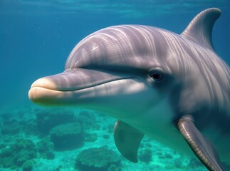 Fototapeta premium Close-up of a Friendly Dolphin Swimming in Clear Blue Water
