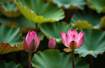 Obraz premium Pink water lilies bloom on large green leaves in pond. Aquatic plant has unfurling petals and buds floating gently. Peaceful floral scene in tropical water garden. Calm nature beauty.