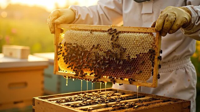 Beekeeper holding a honeycomb frame with bees and dripping honey. Person in protective suit harvesting organic honey at sunset. Apiculture and farming concept