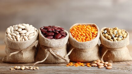 Assortment of dried legumes spilling from burlap sacks
