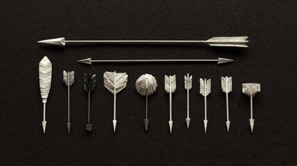 Assortment of handcrafted metal arrowheads and shafts, arranged on a dark background