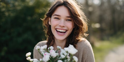Fototapeta premium Joyful young caucasian female holding flowers outdoors in sunlight