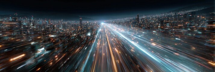 Futuristic high-speed cityscape with luminous night lights
