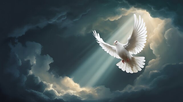 White dove flying through dark clouds with divine light beam