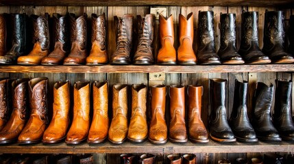 Assortment of leather cowboy boots on wooden shelves, varying colors and styles