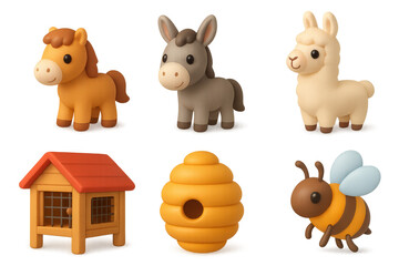 Fototapeta premium Cute cartoon animal icons with bee llama horse donkey and beehive for children's design