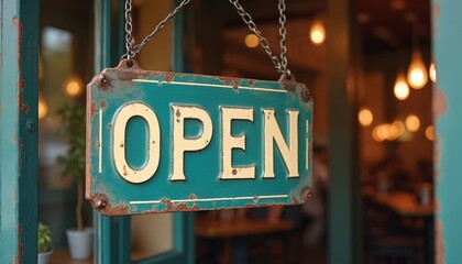 Rusty vintage metal sign with the word OPEN hangs on a cafe door. Inside blurred restaurant with warm light glows, welcoming friends to enter.