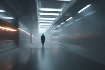 Lone figure walking in futuristic urban tunnel with blurred neon lights