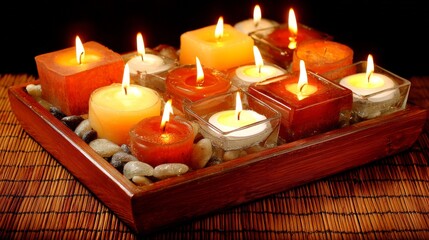 Assortment of lit candles in various shapes and colors, arranged on a tray with pebbles