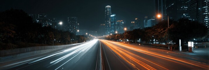 Vibrant night cityscape with light trails and illuminated skyline