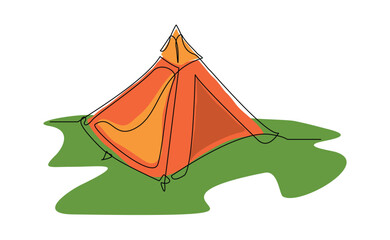 Continuous single line sketch drawing outdoor tent camping travel. One line art nature tourism, journey, adventure vector illustration editable stroke