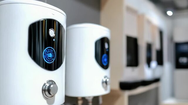Row of white electric water heaters with blue digital displays neatly lined on a showroom shelf, showcasing modern domestic boilers and energy efficient hot water solutions for homes