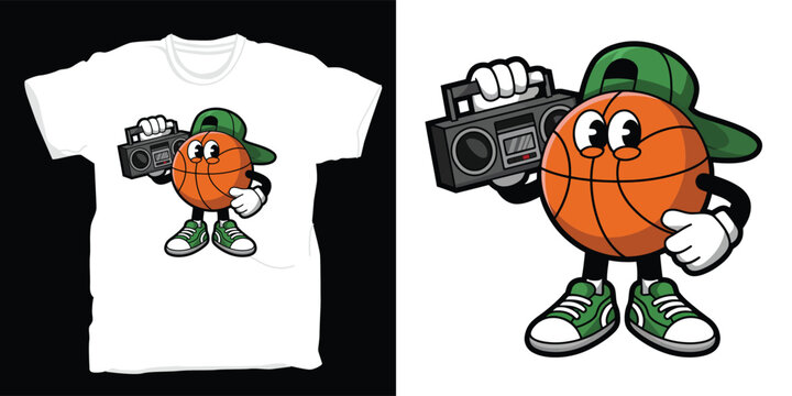 Cool cartoon basketball character wearing a green cap and holding a boombox white