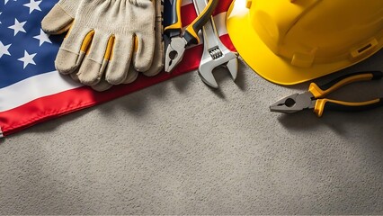 American Flag Work Gloves Pliers Wrench Yellow Hard Hat on Concrete image