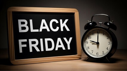 Black Friday text on blackboard next to vintage alarm clock showing 9 oclock chalk