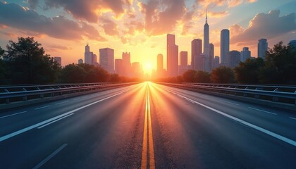 Fototapeta premium Empty highway extends toward city skyline at sunset. Sun flares illuminate asphalt road with lane markings. Orange sky clouds reflect on glass skyscrapers in distance.