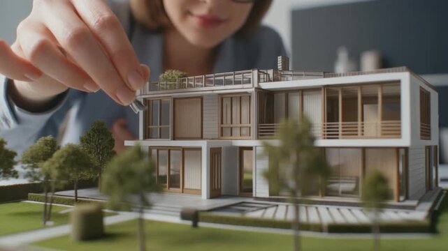 Architectural model of a modern house with a woman's hands placing miniature landscaping on it