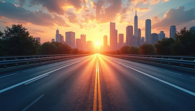 Empty highway extends toward city skyline at sunset. Sun flares illuminate asphalt road with lane markings. Orange sky clouds reflect on glass skyscrapers in distance.