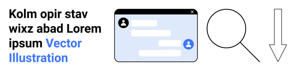 Fototapeta premium Web design, digital communication, user interface, search tools, download functionality, software icons. A chat window with user icons, a magnifying glass and a download arrow. Digital communication
