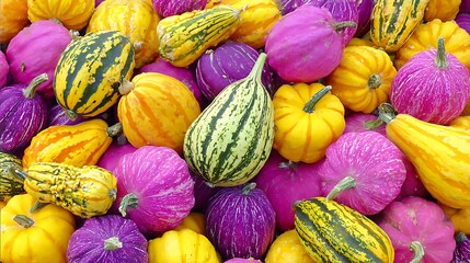 Assortment of vibrant gourds in shades of yellow, purple, and pink; overhead view