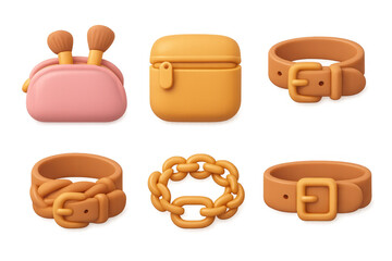 Charming cartoon icon set featuring makeup bag, airpods case, and accessories in pastel tones for digital design