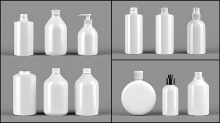 Assortment of white, glossy, cosmetic or hygiene product containers