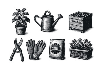 Engraved-style set of gardening tools and supplies featuring a tomato plant, watering can, compost box, pruning shears, gloves, soil bag, and flower pot &mdash; stock illustration.