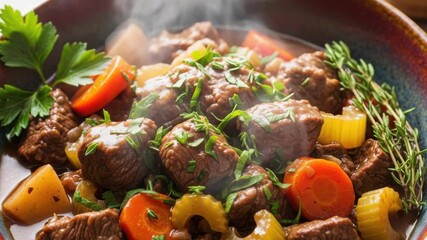 Steaming bowl of hearty beef stew with tender meat, carrots, potatoes, and fresh herbs. This warm, rich dish is ideal for a comforting meal, useful for food content video.