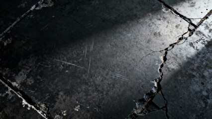 Obraz premium Dark Cracked Concrete Texture Background. Broken Cement Surface with Deep Fractures, Grunge Industrial Floor Pattern, High-Detail Urban Damage Texture