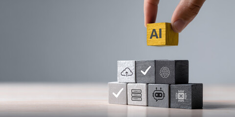 Artificial Intelligence Concept with Hand Stacking Wooden Blocks Showing AI, Brain, Robot, and Cloud Icons Representing Machine Learning, Data Processing, and Technology Innovation