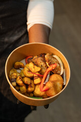 fried chicken legs, rice, curry, jamican, indian, south american, nigerian, senegal, west african food, takeaway, 
