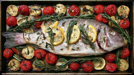 Baked whole fish with lemon slices, rosemary, and roasted cherry tomatoes on a baking sheet