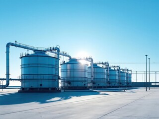 Obraz premium Industrial Storage Tanks Under Clear Blue Sky with Sunlight Reflection