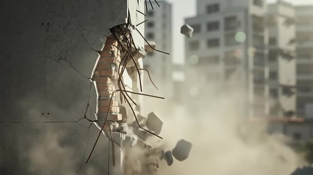 Concrete wall exploding outward with flying debris and dust. Destruction of a building structure in an urban city setting. Slow motion breakthrough concept