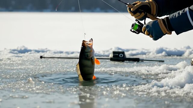 Fisherman catching a perch while ice fishing on a frozen lake. Close-up of hands in gloves reeling in a fish with a splash in slow motion. Winter outdoor hobby and recreation