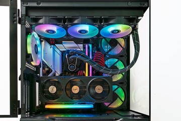 High-end gaming computer features RGB lighting, efficient cooling, and a powerful graphics card...