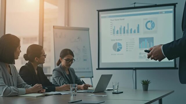 Business presentation in a modern conference room. Presenter holding a remote and explaining charts to a team of female colleagues. Corporate strategy and data analysis meeting